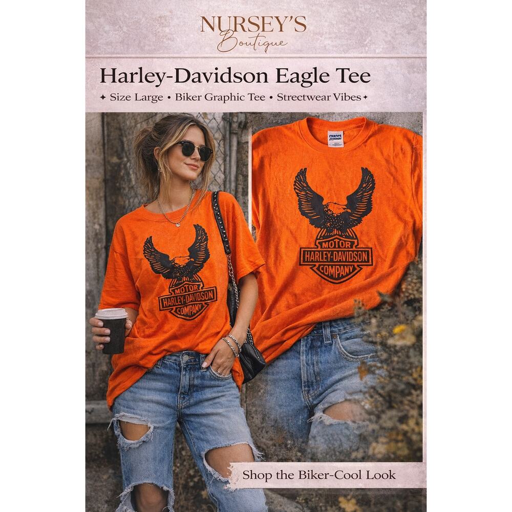 Harley Davidson Eagle Graphic Tee Orange Size Large Biker Shirt